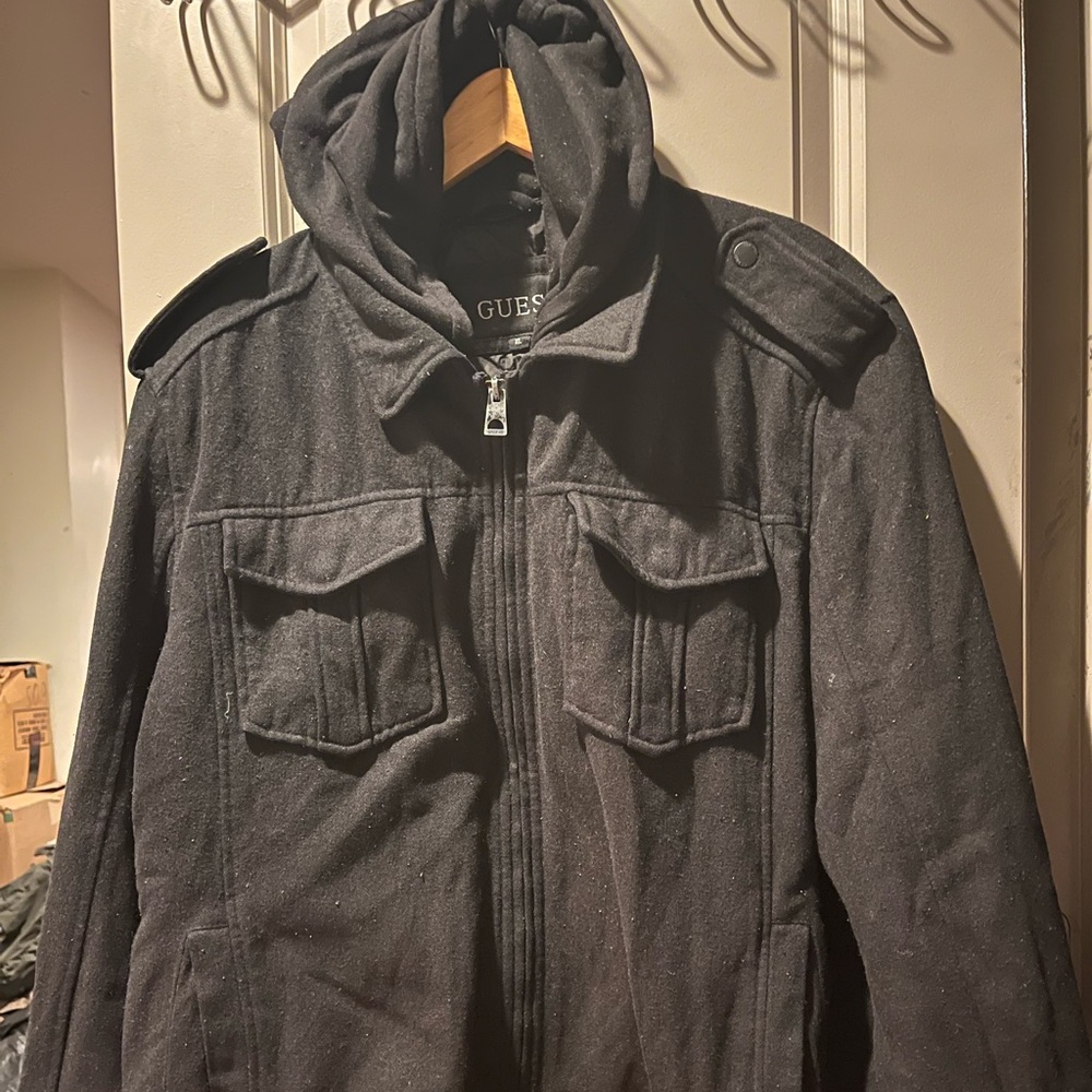 Guess Vintage Men’s Wool Pea Coat with Quilted Lining and Hood.